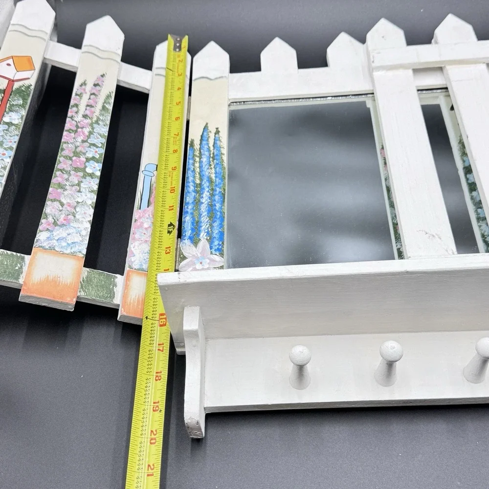 VTG Cottagecore Tri-Fold Mirror‎ Shelf W/pegs Decorative Wood Wall Hanging Shelf